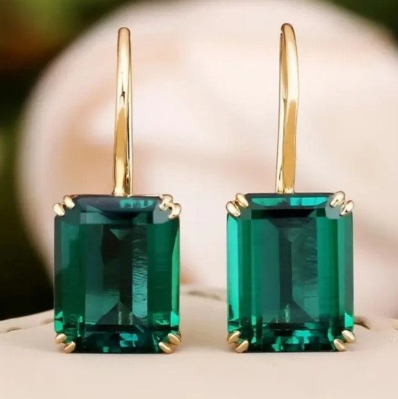 14k Gold Plated Synthetic Emerald Earrings - Picture 1 of 8